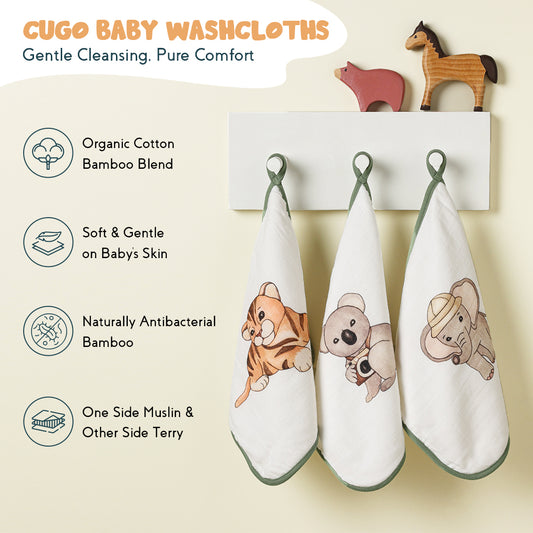 Bamboo Cotton Muslin Wash cloth - Animal Kingdom (Pack of 3)