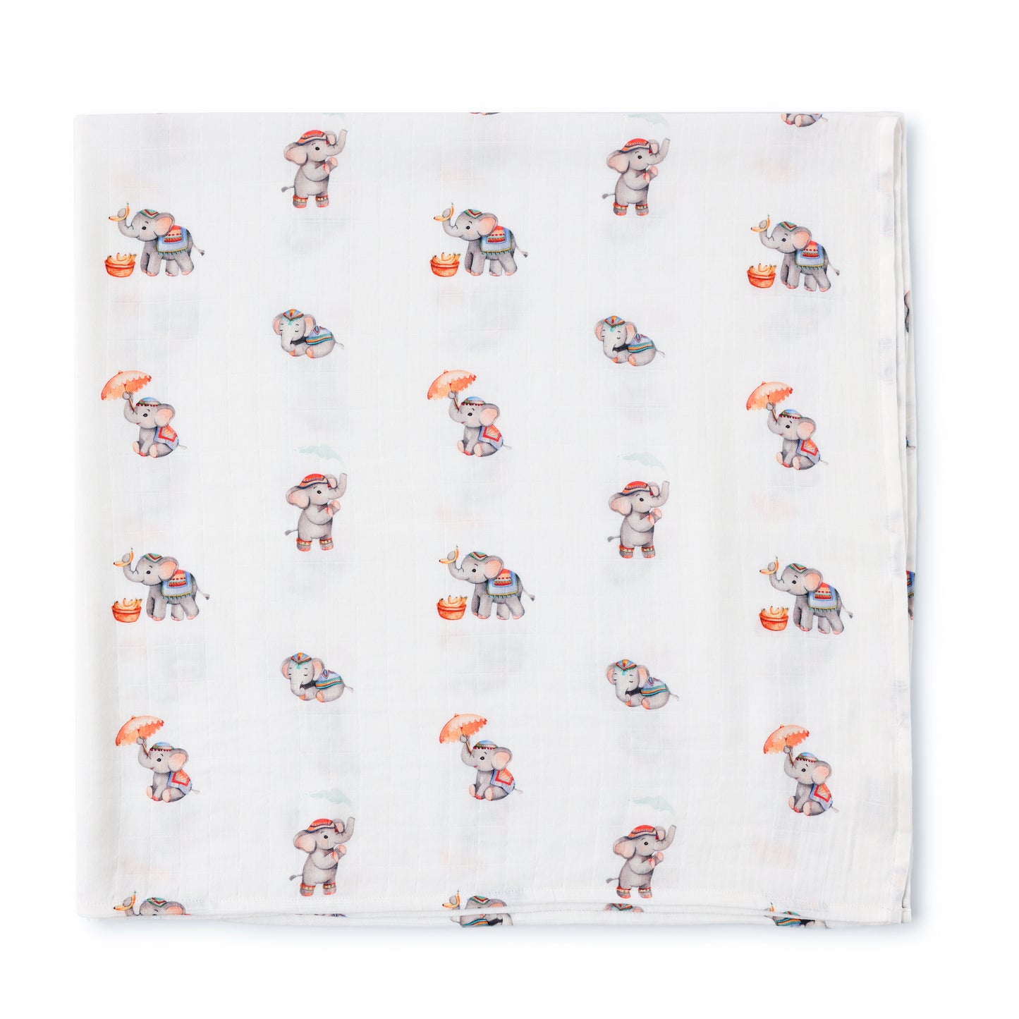 White fabric with cartoon elephant pattern on a white background.