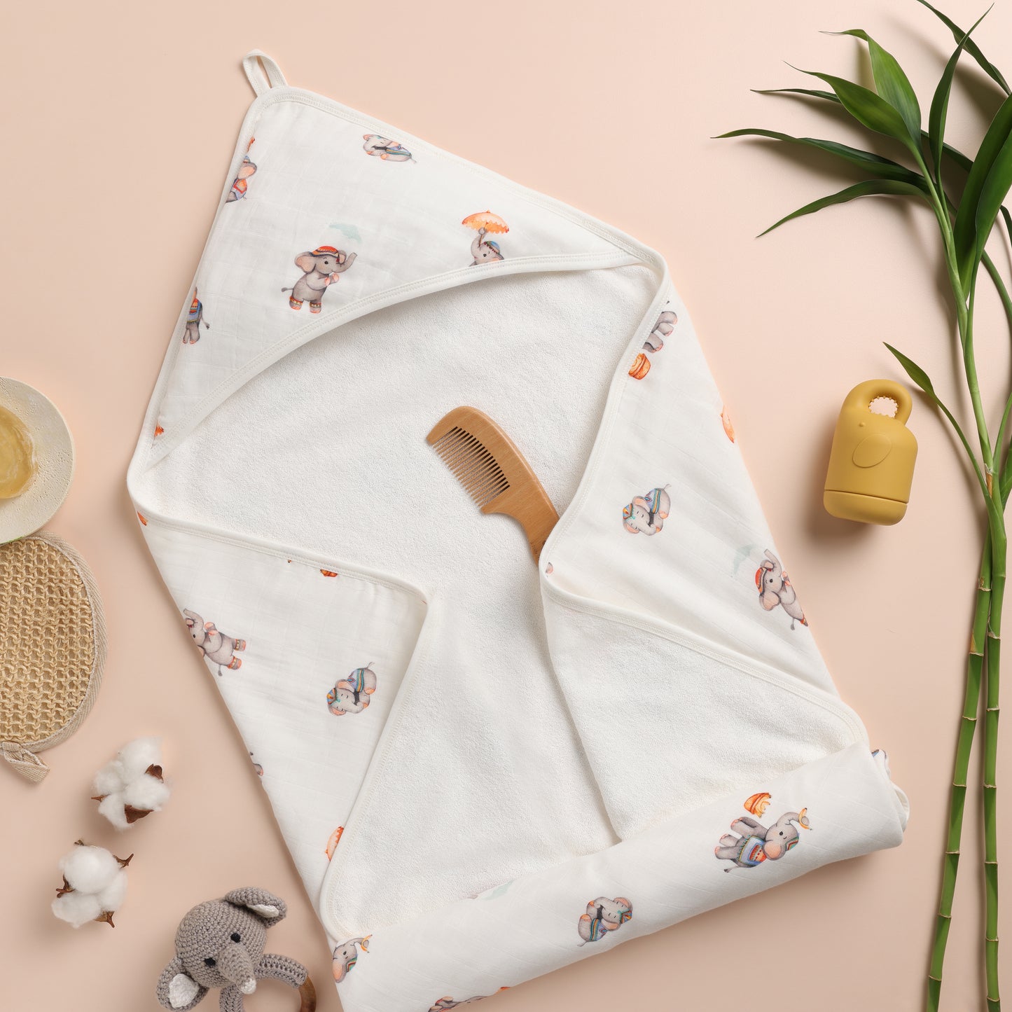 Bamboo Cotton Hooded Towel - Royal Little Elephants