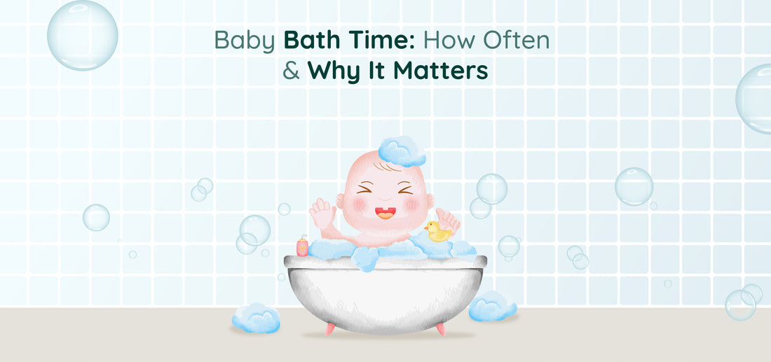 Illustration of a happy baby in a bathtub with bubbles, a rubber duck, and shampoo. The text reads, "Baby Bath Time: How Often & Why It Matters."