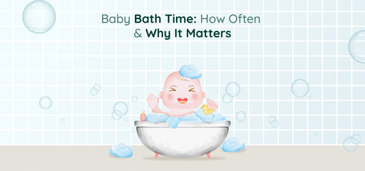 Illustration of a happy baby in a bathtub with bubbles, a rubber duck, and shampoo. The text reads, "Baby Bath Time: How Often & Why It Matters."