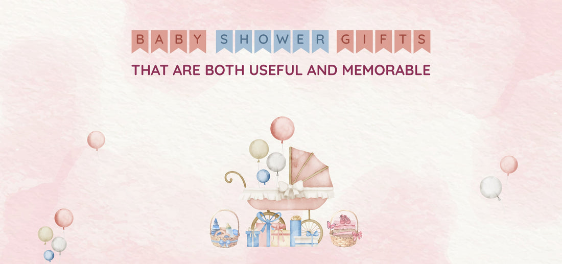 baby shower gift guide banner with a watercolor-style baby carriage, balloons, and gift baskets. The text reads, "Baby Shower Gifts That Are Both Useful and Memorable.