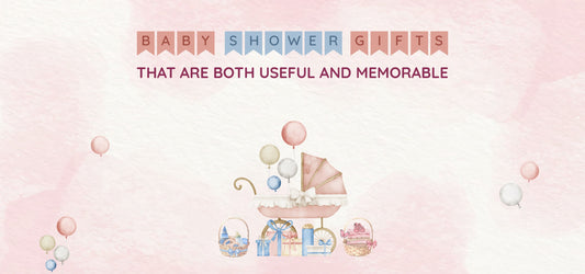 baby shower gift guide banner with a watercolor-style baby carriage, balloons, and gift baskets. The text reads, "Baby Shower Gifts That Are Both Useful and Memorable.