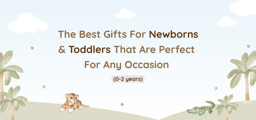 The best gifts for newborns and toddlers displayed with a playful cartoon-themed background.