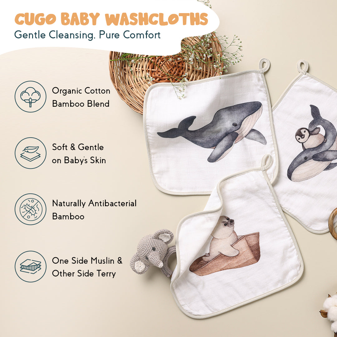 Bamboo Cotton Muslin Wash cloth - Dreamy Whales (Pack of 3)