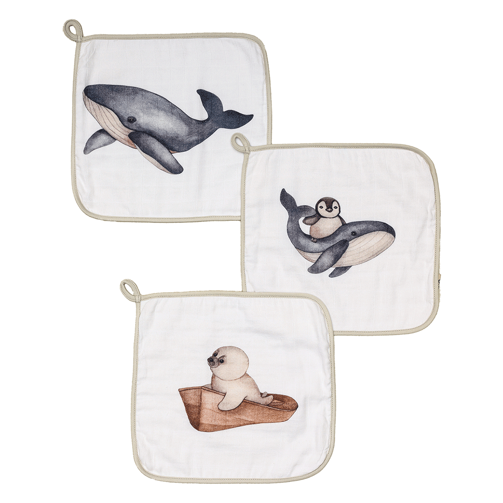 Bamboo Cotton Muslin Wash cloth - Dreamy Whales (Pack of 3)