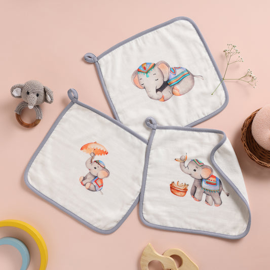 Bamboo Cotton Muslin Wash cloth - Royal Little Elephants (Pack of 3)