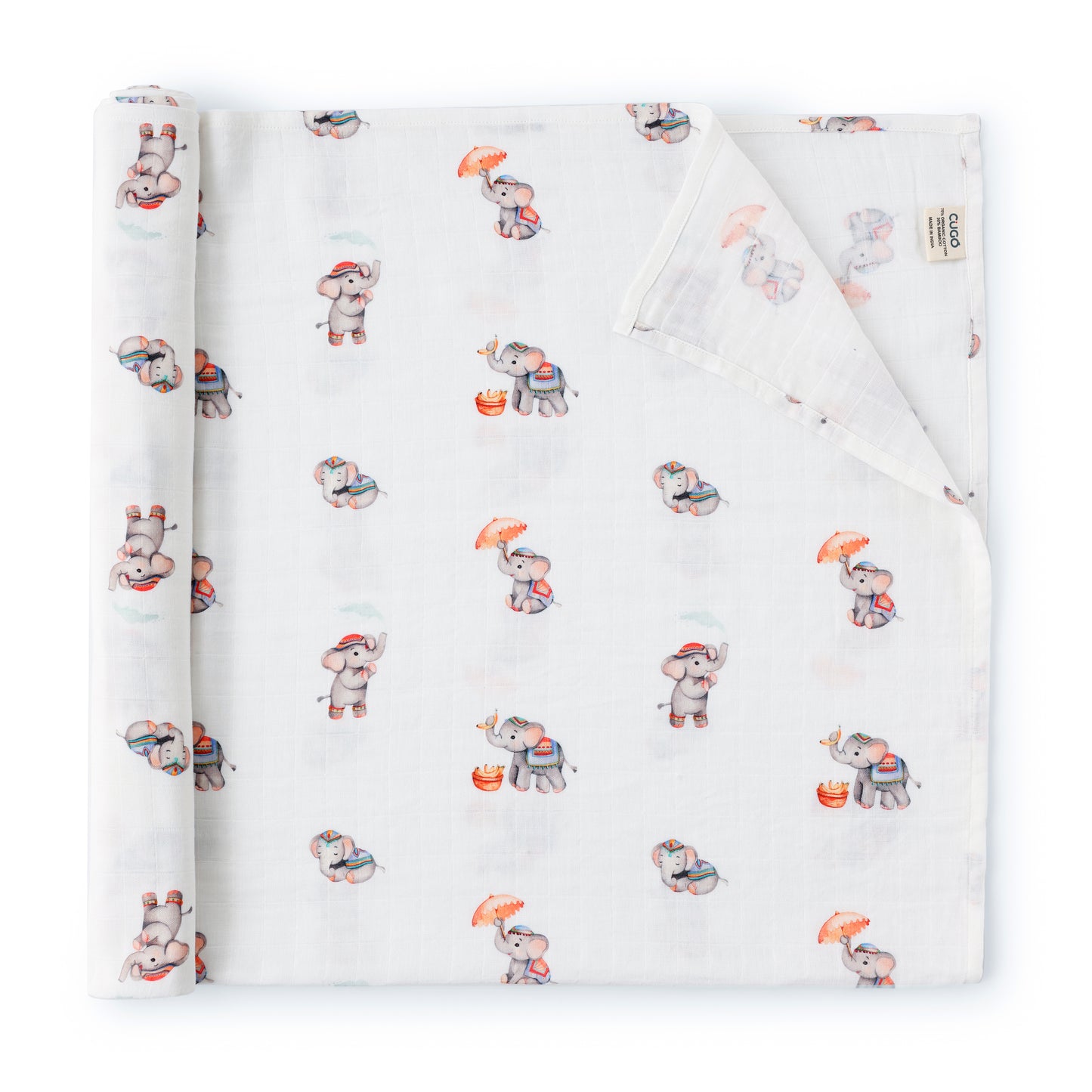 Bamboo Cotton Muslin Swaddle - Royal Little Elephants