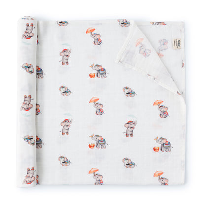 Bamboo Cotton Muslin Swaddle - Royal Little Elephants