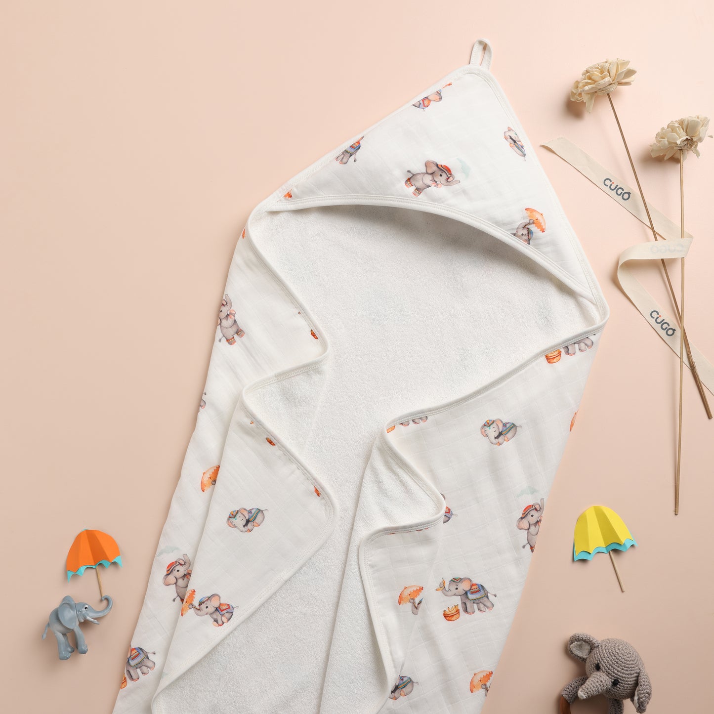 Bamboo Cotton Hooded Towel - Royal Little Elephants