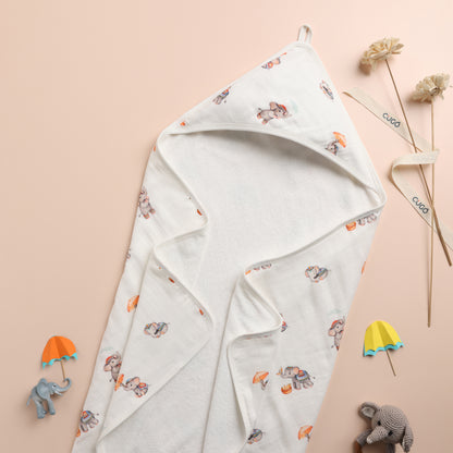 Bamboo Cotton Hooded Towel - Royal Little Elephants
