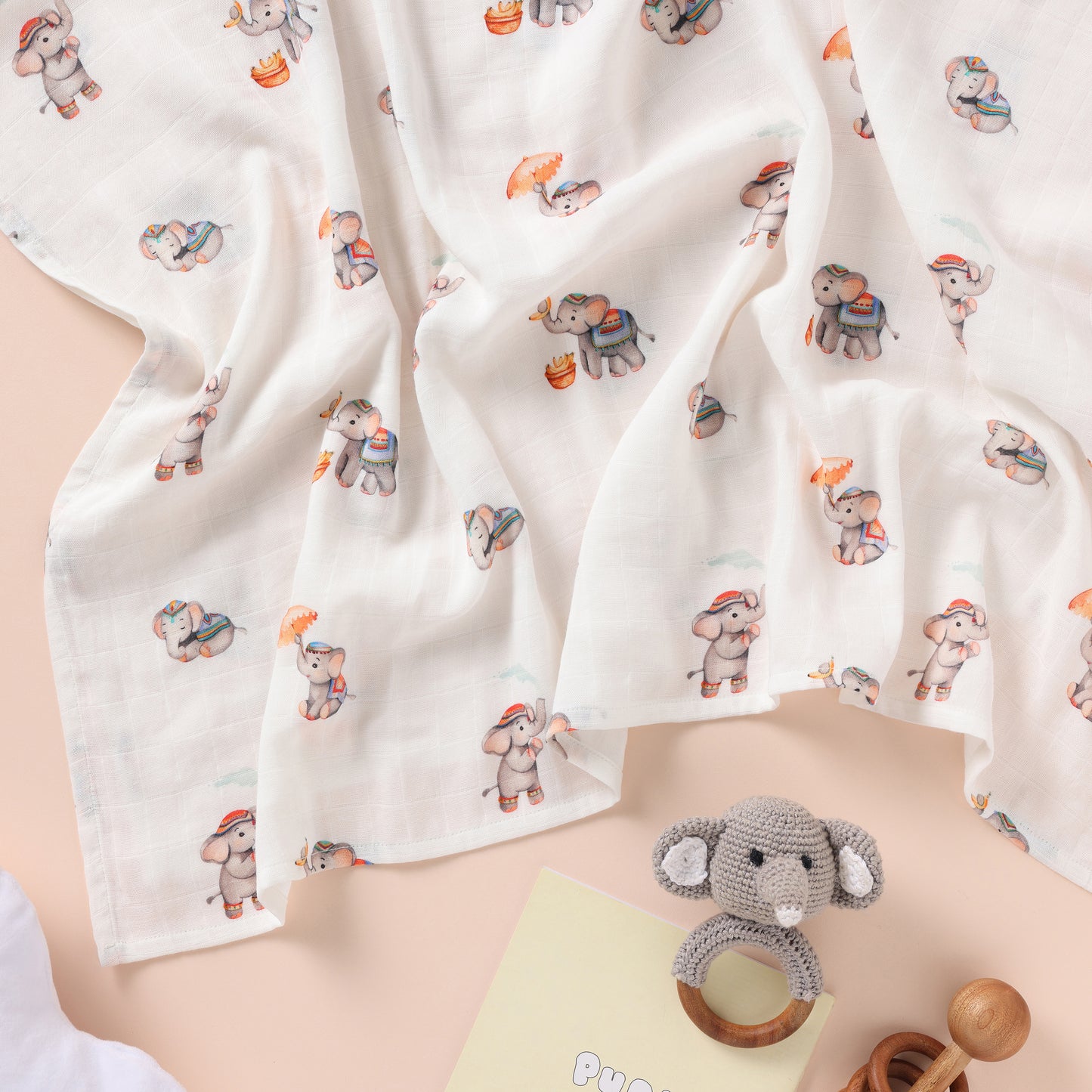 Bamboo Cotton Muslin Swaddle - Royal Little Elephants