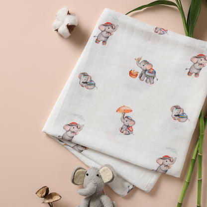 Bamboo Cotton Muslin Swaddle - Royal Little Elephants