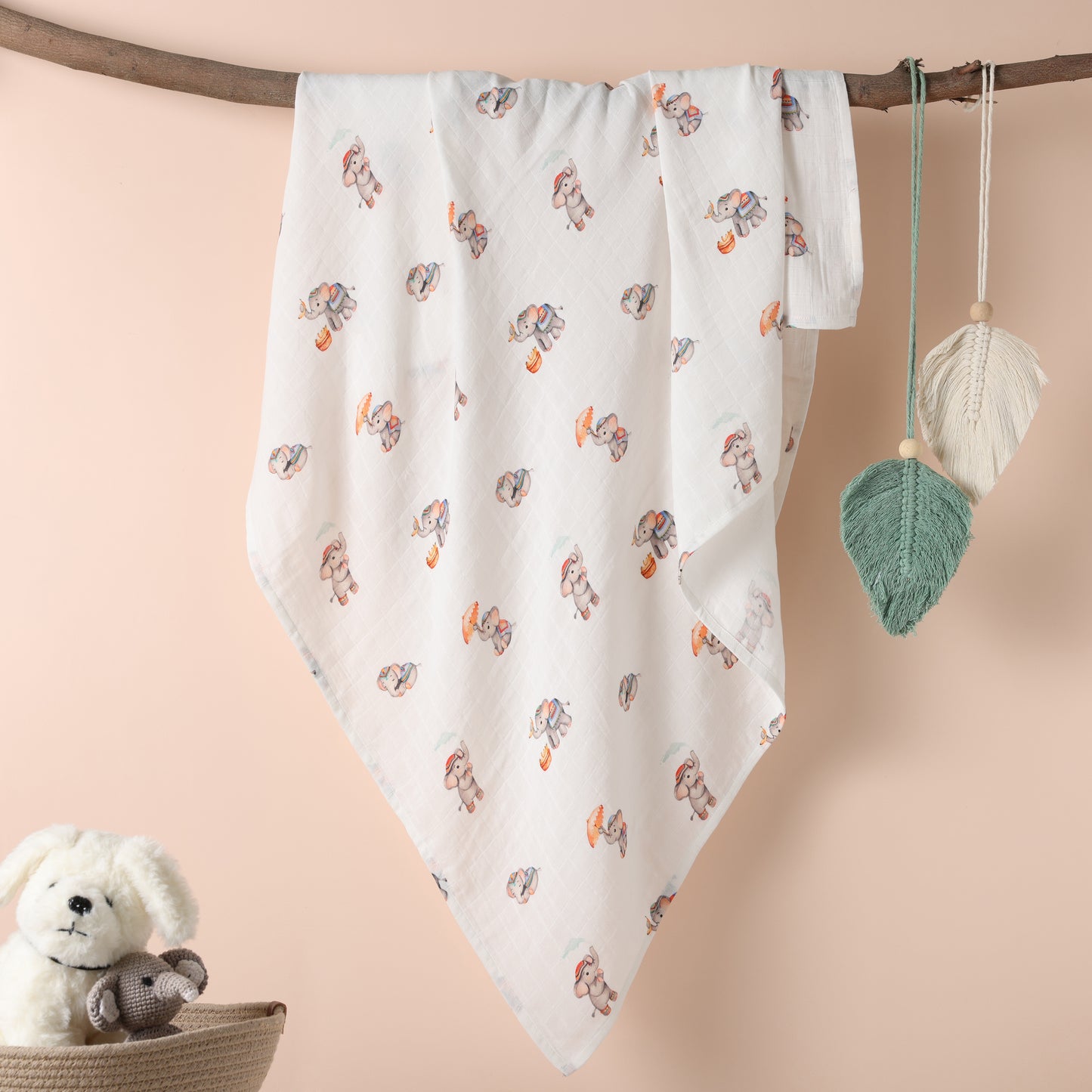 Bamboo Cotton Muslin Swaddle - Royal Little Elephants