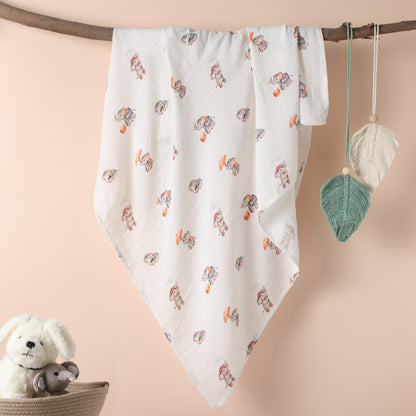Bamboo Cotton Muslin Swaddle - Royal Little Elephants